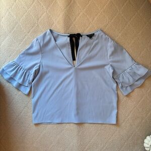 Topshop Periwinkle Blue Ruffle Sleeve Black Ribbon Bow V Neck Top